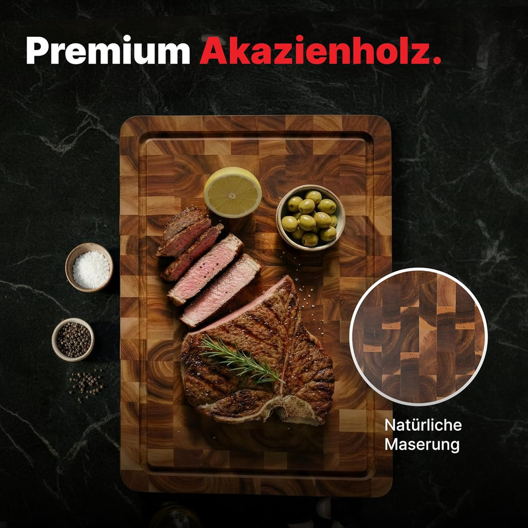 Matakumi Holzschneidebrett – Schneidebrett aus Holz aus Akazie mit Seitengriffen, Saftrille und Stir