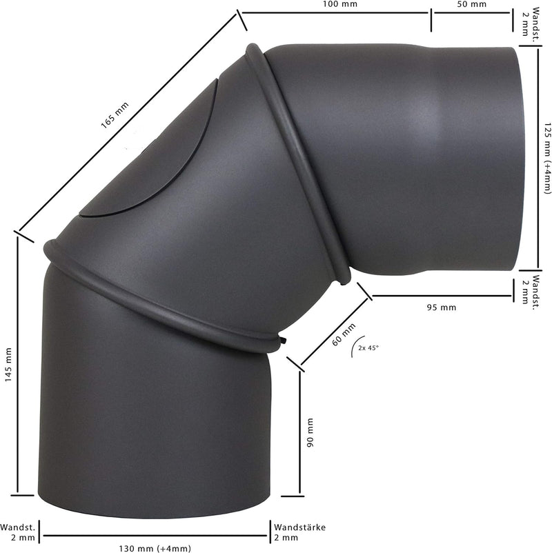 LANZZAS Rauchrohr Bogen 0° - 90° verstellbar mit Tür - im Durchmesser Ø 130 mm - Farbe: gussgrau - O