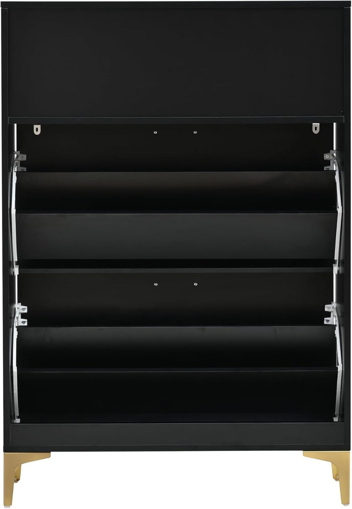 ModernLuxe Schuhschrank Schwarz mit 2 Klapptüren, 4-Fächer Schuhkommode 80×25×117 cm mit Halboffenen