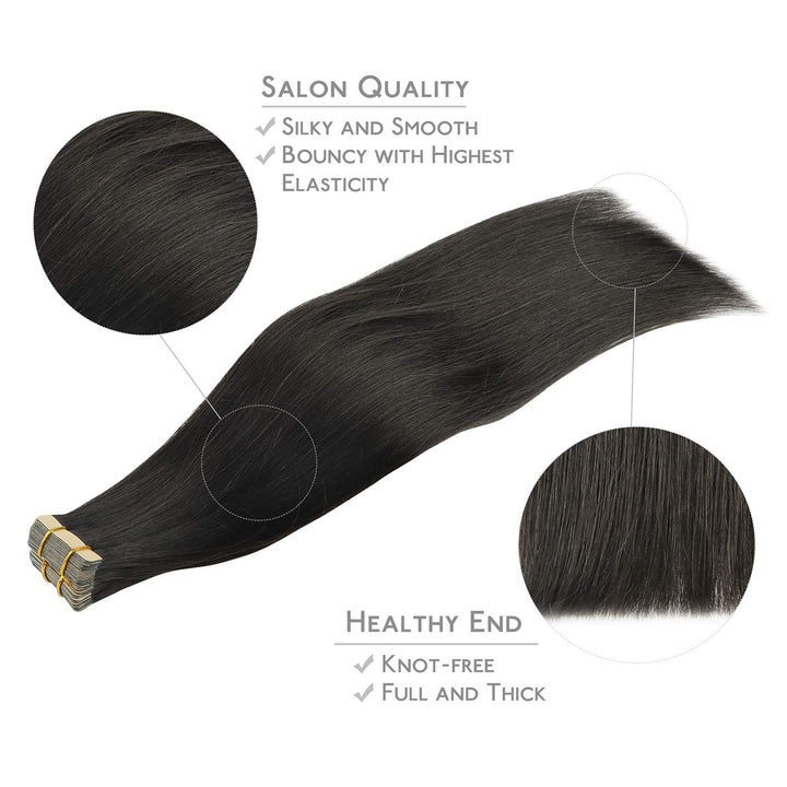 WENNALIFE Tape Extensions Echthaar, 20pcs 50g 60cm 24 Zoll Natürliches Schwarz Remy Invisible Tape E