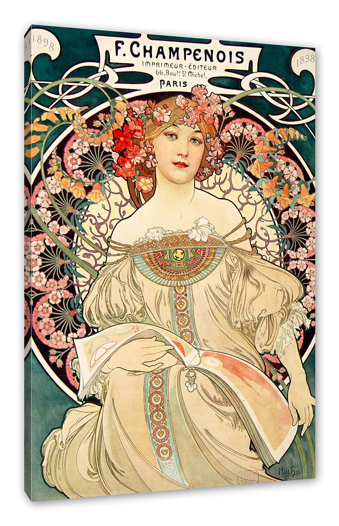 Alfons Mucha - Frau umringt von Blumen als Leinwandbild / Grösse: 100x70 cm / Wandbild / Kunstdruck