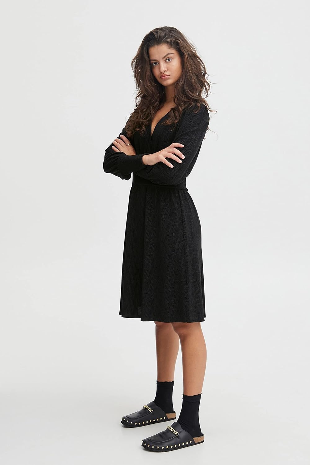 ICHI IHNELLY DR Damen Freizeitkleid Kleid Minikleid Pailletten Langarm V-Ausschnitt Regular-Fit S Bl