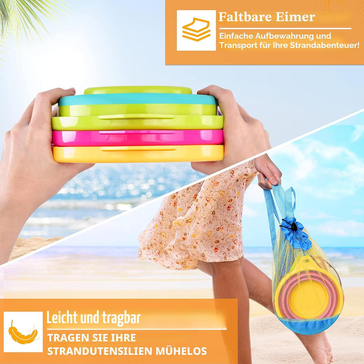 JOYIN 3 Packungen Faltbares Strand Eimer Set，Sandkasten Faltbare Sandspielzeug Eimer mit Netz-Rücksa