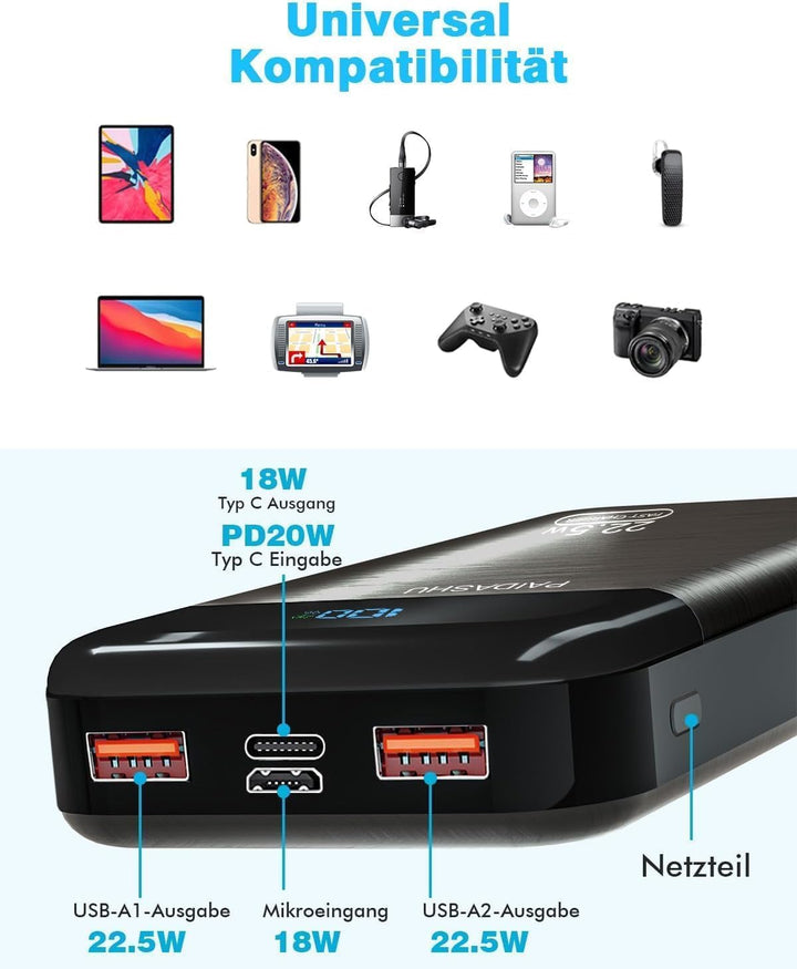 Power Bank 27000mAh 22,5W Externer Handyakku PD20W Schnell Aufladende Powerbank USB C mit LED Displa