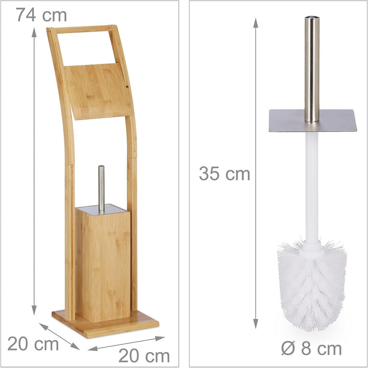 Relaxdays WC Garnitur, Bambus, Edelstahl, Klopapierständer mit Toilettenbürste, freistehend, HBT: 74