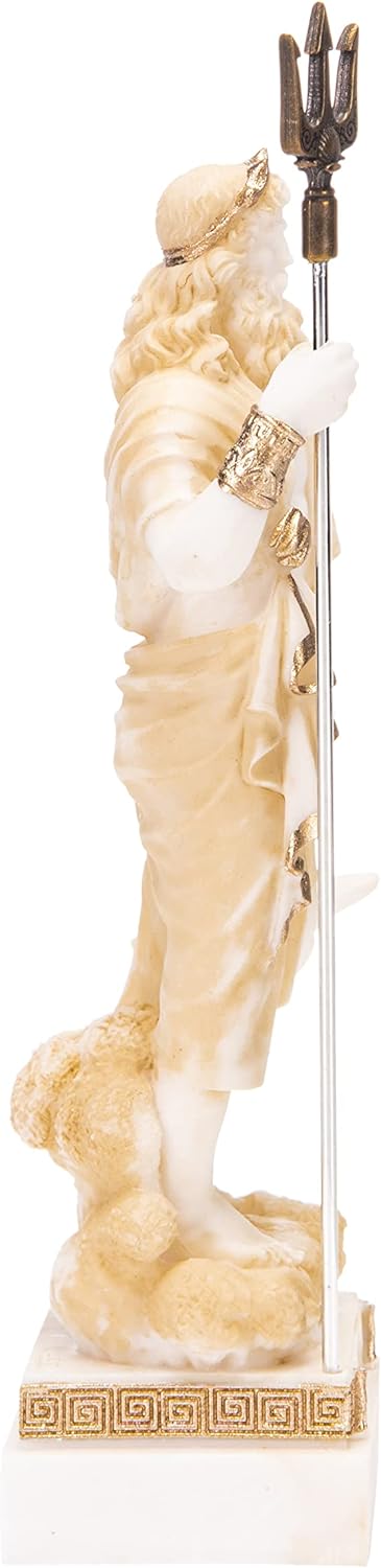 Poseidon Griechischer Gott des Meeres mit Dreizack Statue Figur Gold Alabaster 17,8 cm