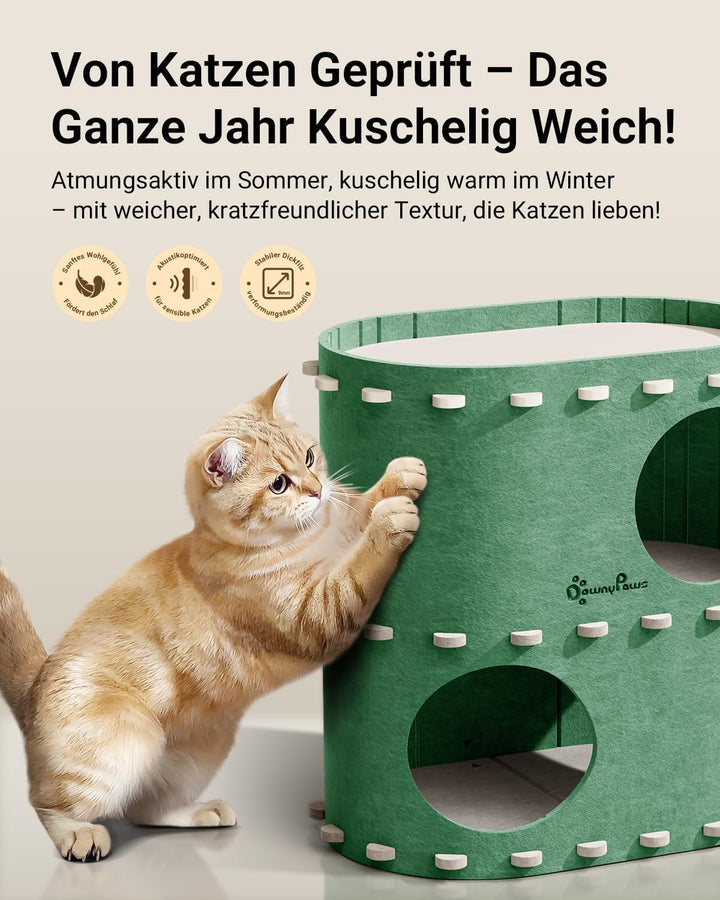 DownyPaws Katzenhöhle aus Filz, 2-stöckige Katzenbett, 50 x 33 x 50 cm Schloss Katzenhaus zum Spiele