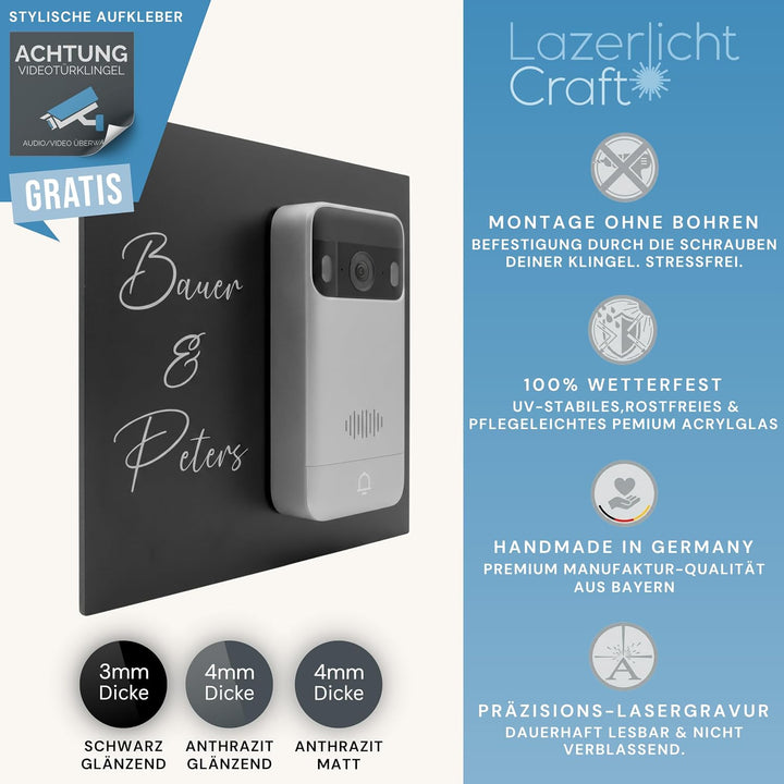 Klingelschild für SwitchBot Video Doorbell personalisiert – Acrylglas Blende mit Wunschgravur – Schw