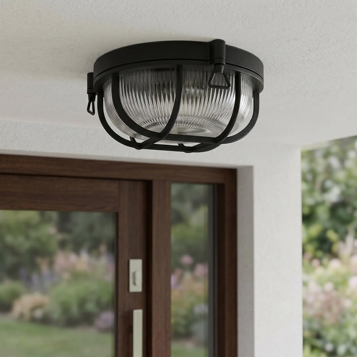 HOFSTEIN Aussendeckenleuchte Godel, Aussendeckenlampe aus Metall/Riffelglas in Schwarz/Klar, Deckenl
