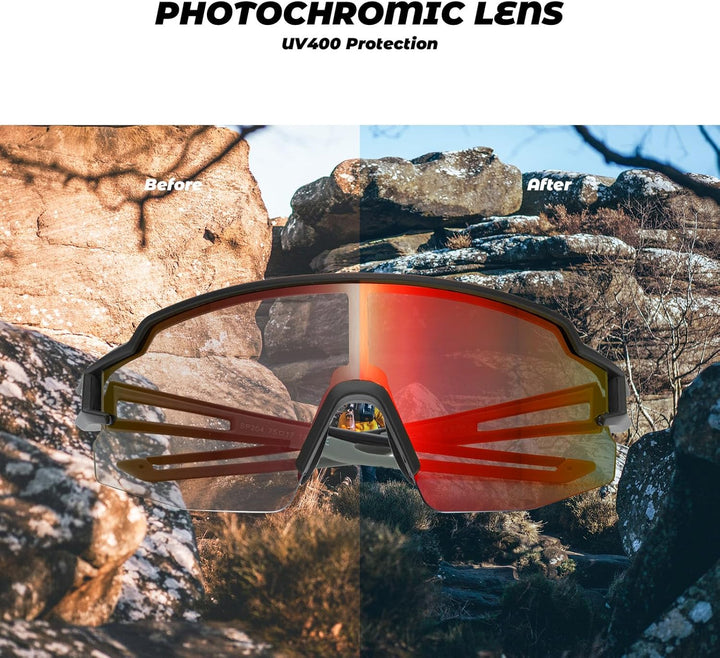ROCKBROS Fahrradbrille UV 400 Sonnenbrille Photochromatisch Brille Klar Winddicht Sportsbrille für O