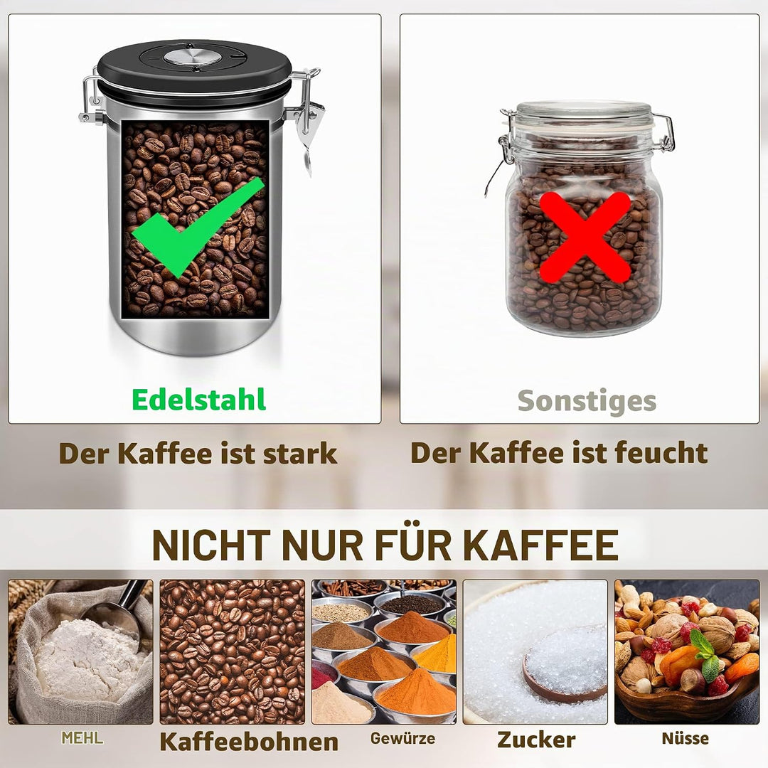 Kaffeedose 500g Bohnen Kaffeedose Luftdicht 1500ml mit Löffel und Kalenderrad, Edelstahl Kaffee Dose