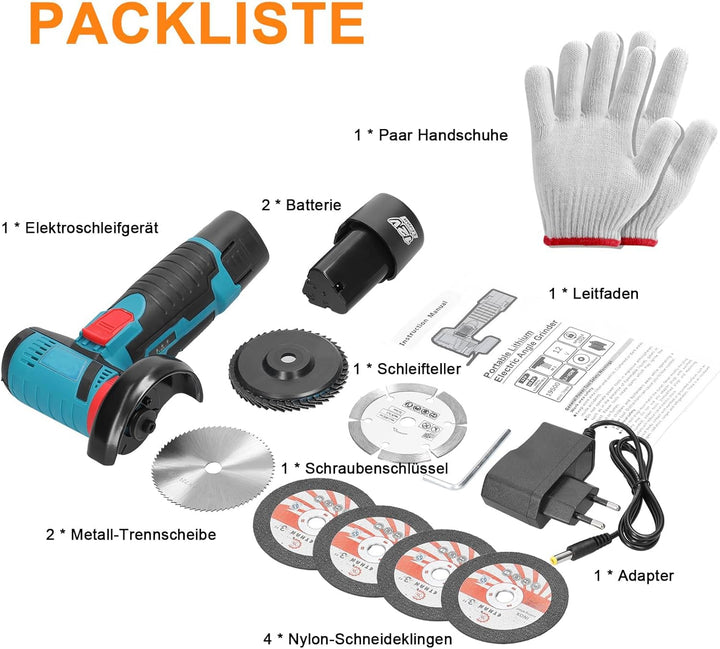 Akku Winkelschleifer Hancaner Mini Winkelschleifer 2 * 2.0 Ah 12 V Akku Flex 19500rpm 6 Trennscheibe