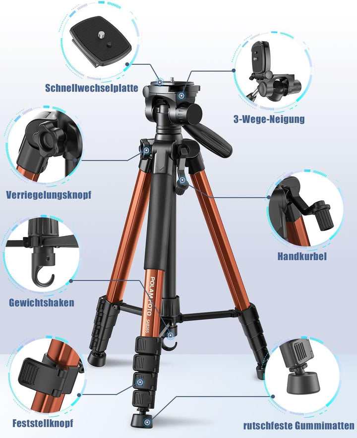 POLAM-FOTO Kamera stativ, 188 cm, Reisestativ mit Tragetasche, mit Handyhalterung, Aluminium, für Mi