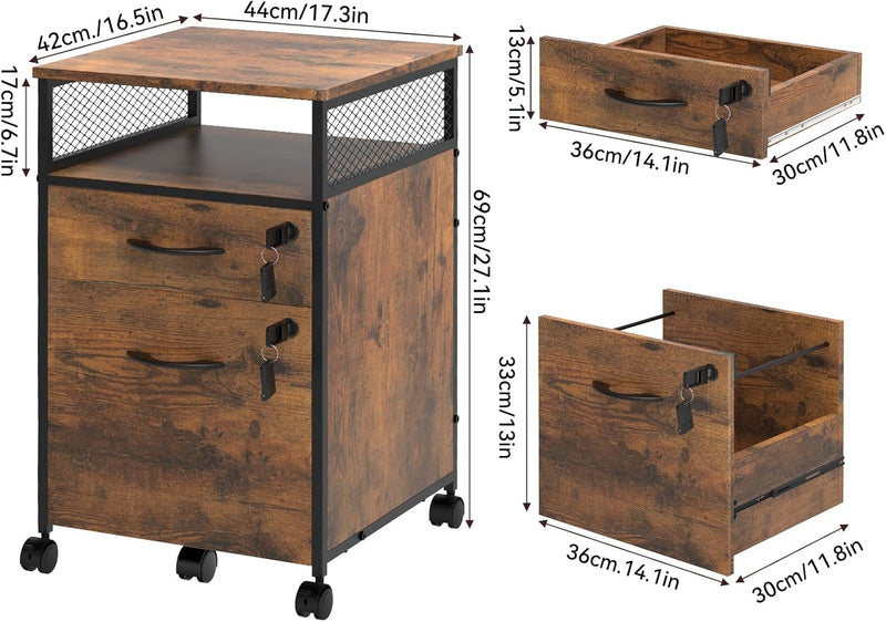 Lvhecforhm Mobile Aktenschrank, Rollcontainer mit 2 Abschliessbaren Schubladen, Büro-Archivschrank m
