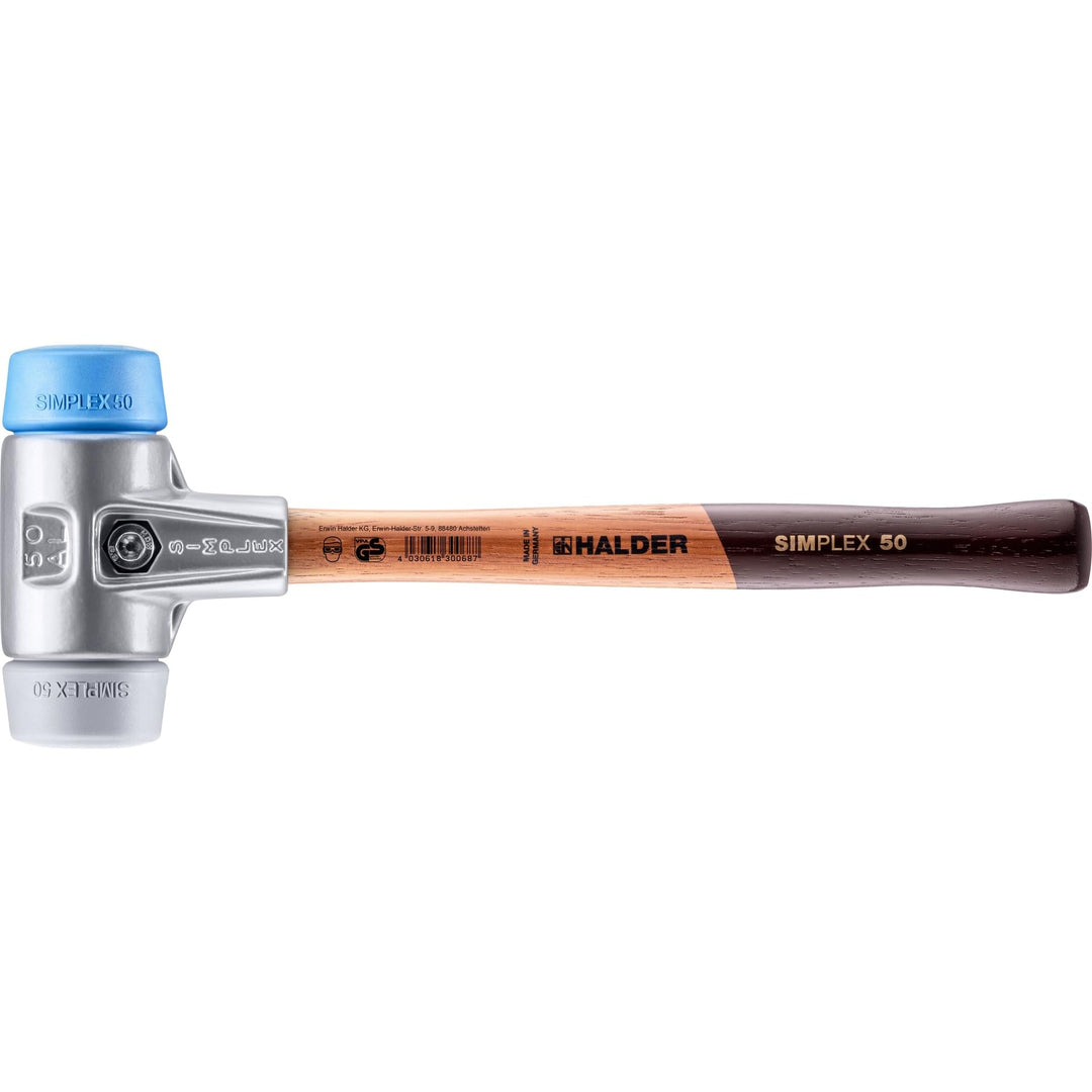 SIMPLEX-Schonhammer, TPE-soft/TPE-mid; mit Aluminiumgehäuse und hochwertigem Holzstiel | D=50 mm | 3