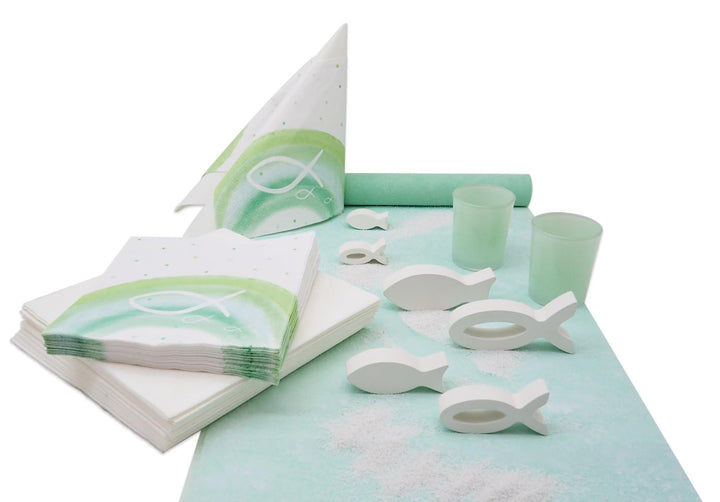 Kommunion Konfirmation Tischdeko Mint Grün Salbei Weiss Fisch Set 20 Personen