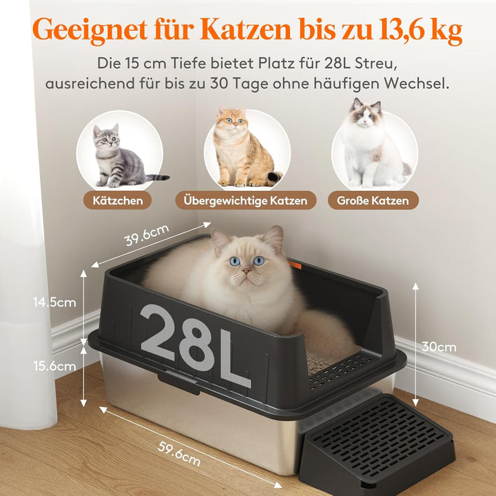 Lifewit 28L Katzenklo Edelstahl gross mit Schaufel und Pedal für grosse Katzen, Katzenklo Offen 60 x