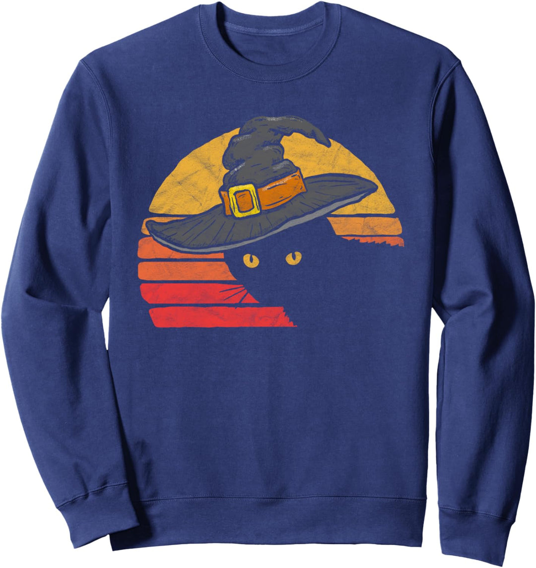 Funny Black Cat in Witch Hat Vintage Sunset Halloween Sweatshirt