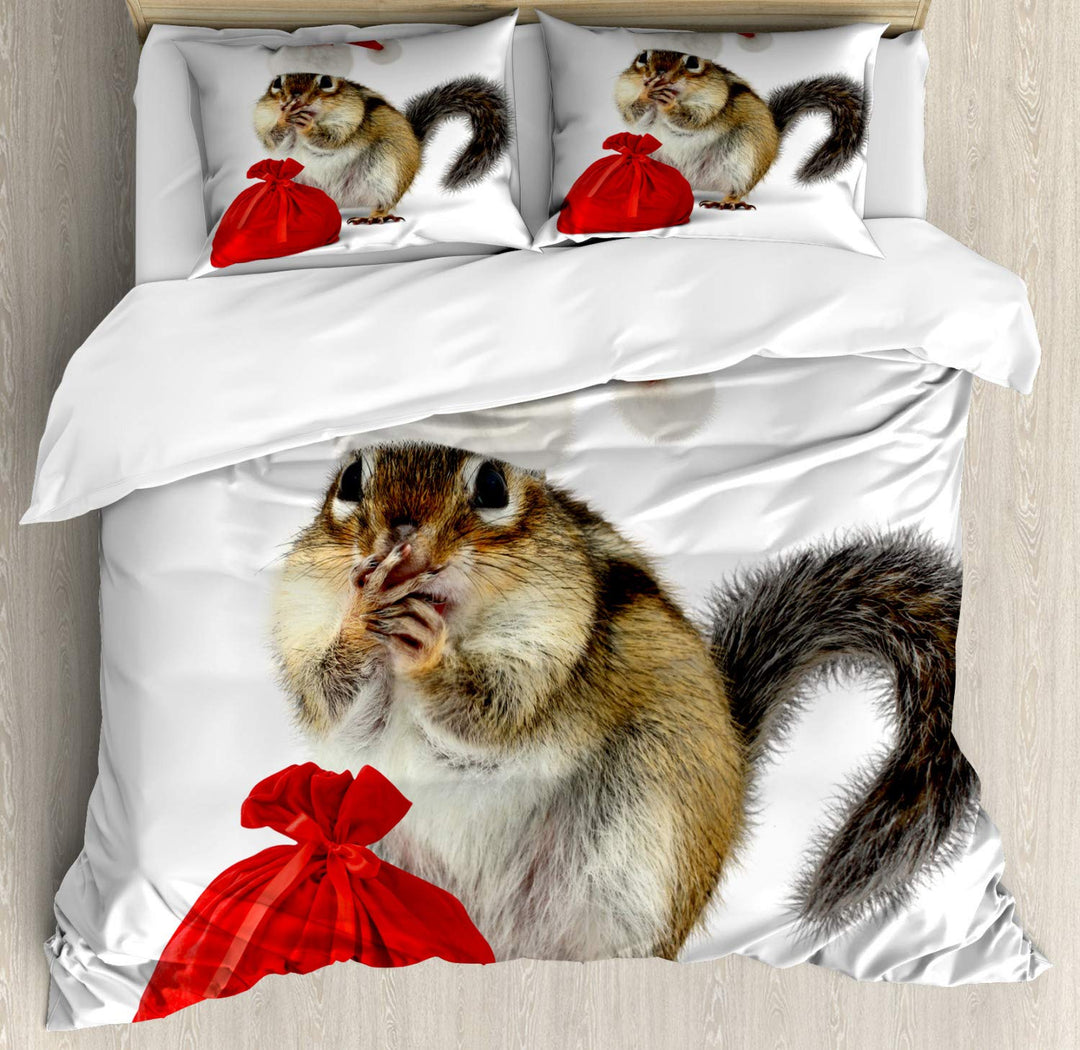 ABAKUHAUS Weihnachten Bettbezugs Set Für Doppelbetten, Chipmunk in Sankt-Hut, Milbensicher Allergike