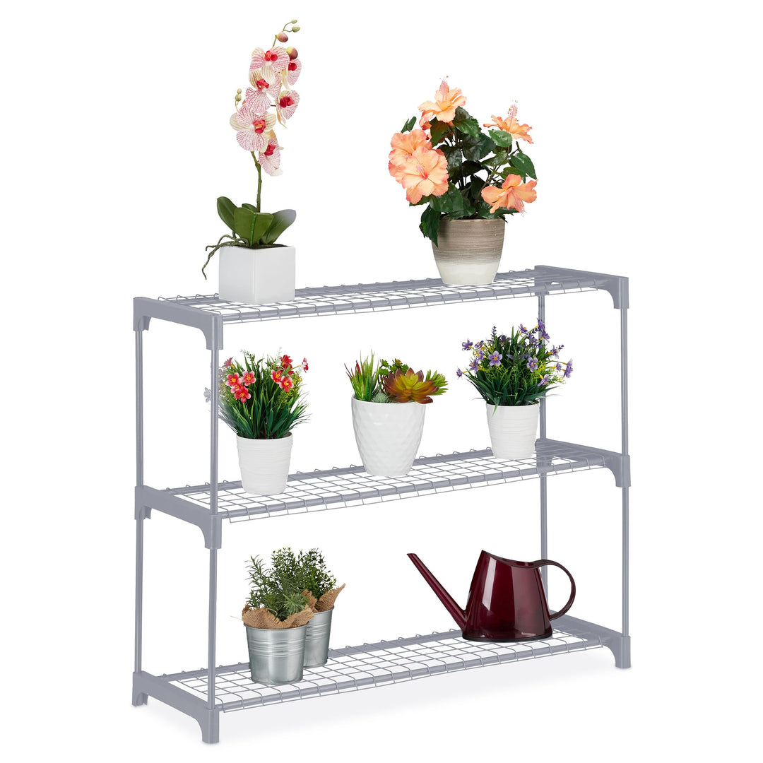 Relaxdays Blumenregal, 3 Ablagen, Blumen- & Pflanzentöpfe, Metall & Kunststoff, HxBxT: 72x91x28 cm,