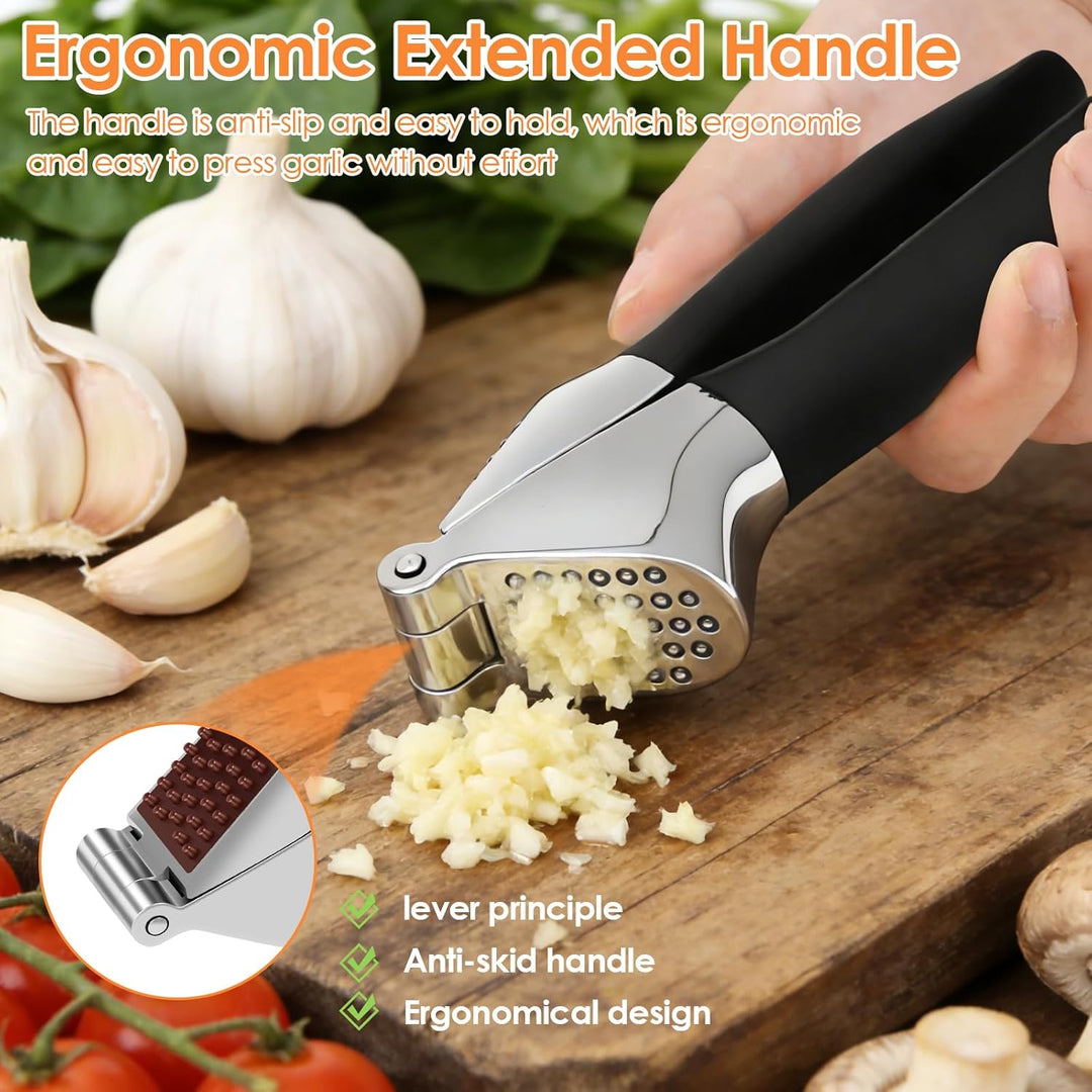 Knoblauchpresse Edelstahl,Premium Knoblauchpresse mit Sparschäler und Bürste,Garlic Press,Ingwerpres