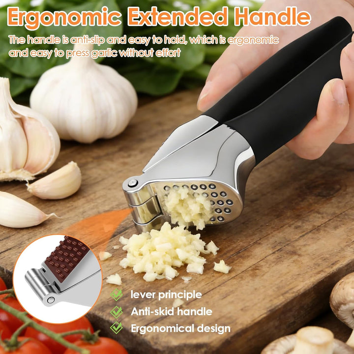 Knoblauchpresse Edelstahl,Premium Knoblauchpresse mit Sparschäler und Bürste,Garlic Press,Ingwerpres