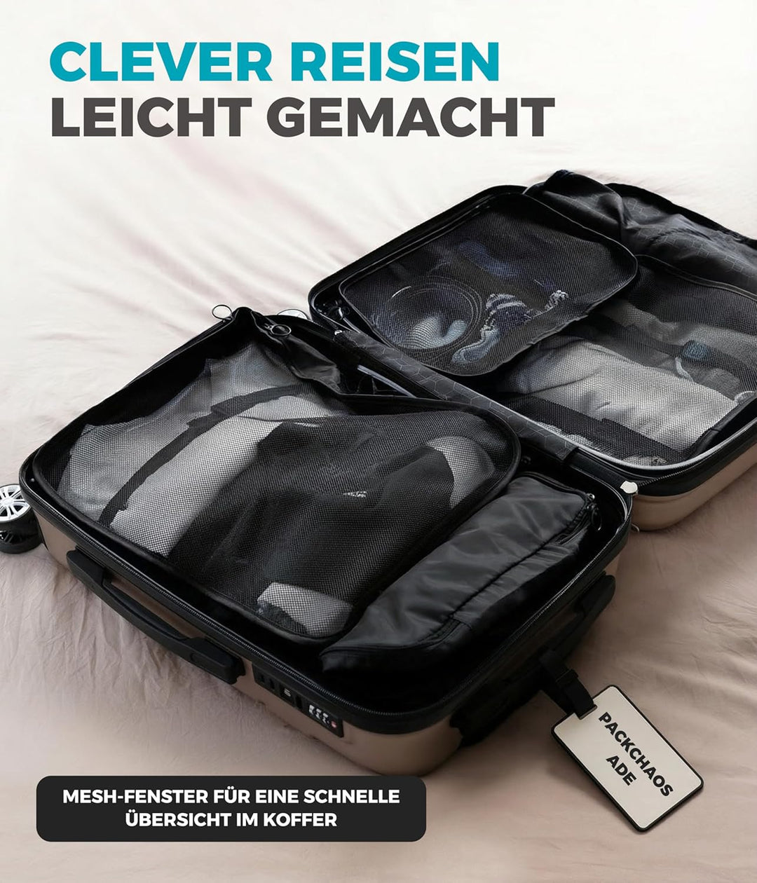 Yunik® Koffer Organizer Set 8-teilig schwarz – Kompressionstaschen für Kleidung, Schuhe &amp; Technik –