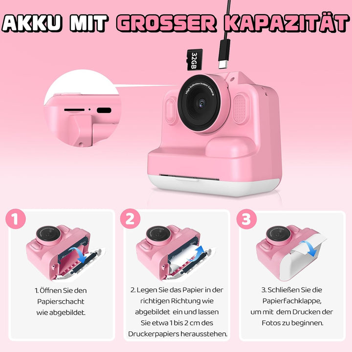 Sofortbildkamera Kinder, 1080P Kinderkamera Sofortbildkamera mit 180° Klappobjektiv, 2" Kinderkamera