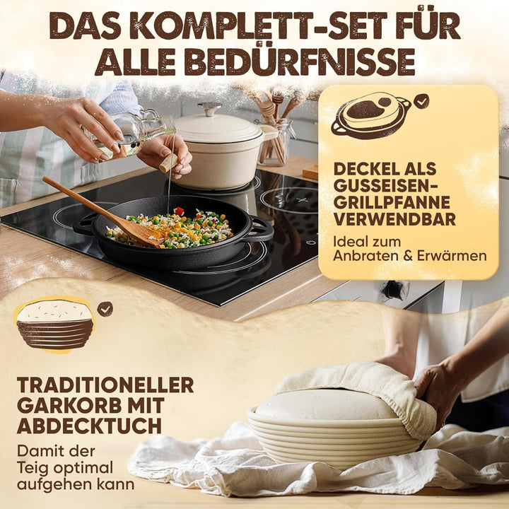 Gusseisen Topf zum Brot backen - Starter-Set mit Gärkorb, Bäckermesser und Brotrezepten - Idealer Br