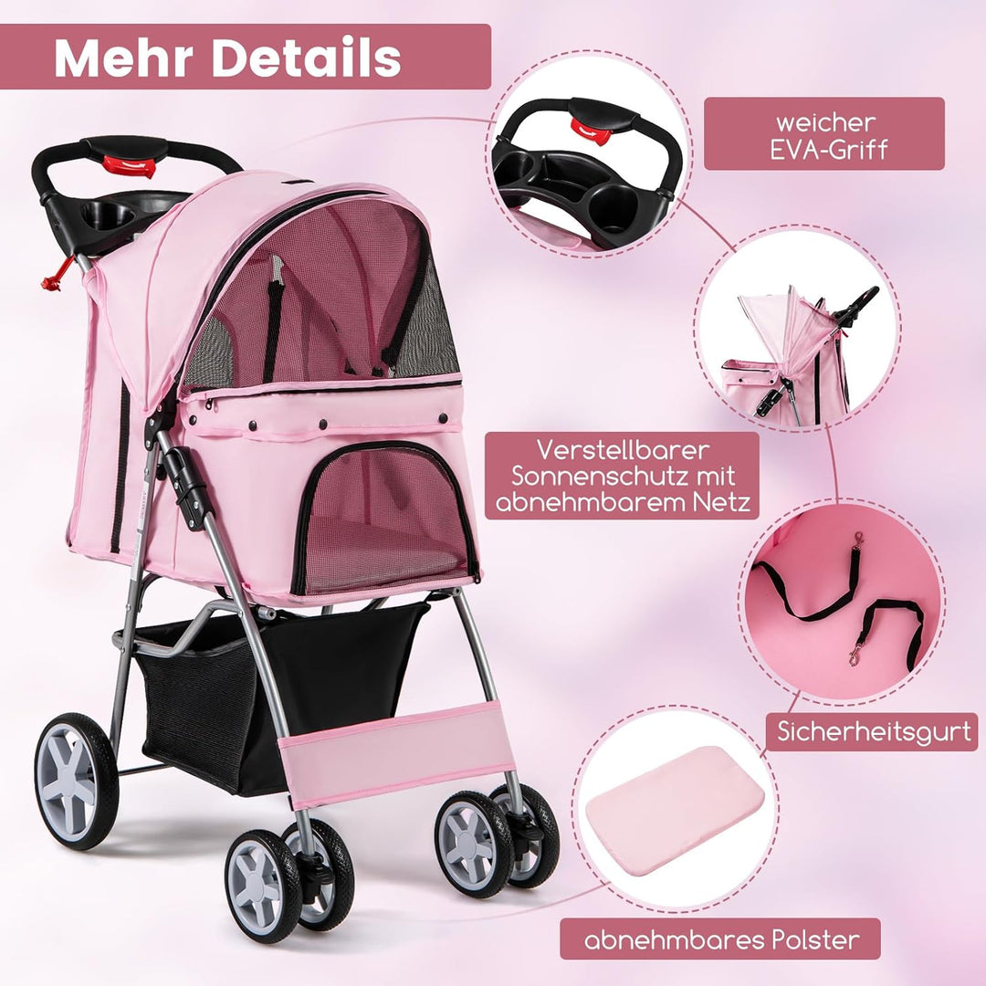 COSTWAY Hundewagen Haustiere Buggy, bis 15 kg, Hundebuggy mit Netzfenstern & Getränkehalter & Korb &