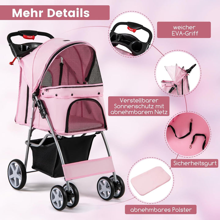 COSTWAY Hundewagen Haustiere Buggy, bis 15 kg, Hundebuggy mit Netzfenstern & Getränkehalter & Korb &