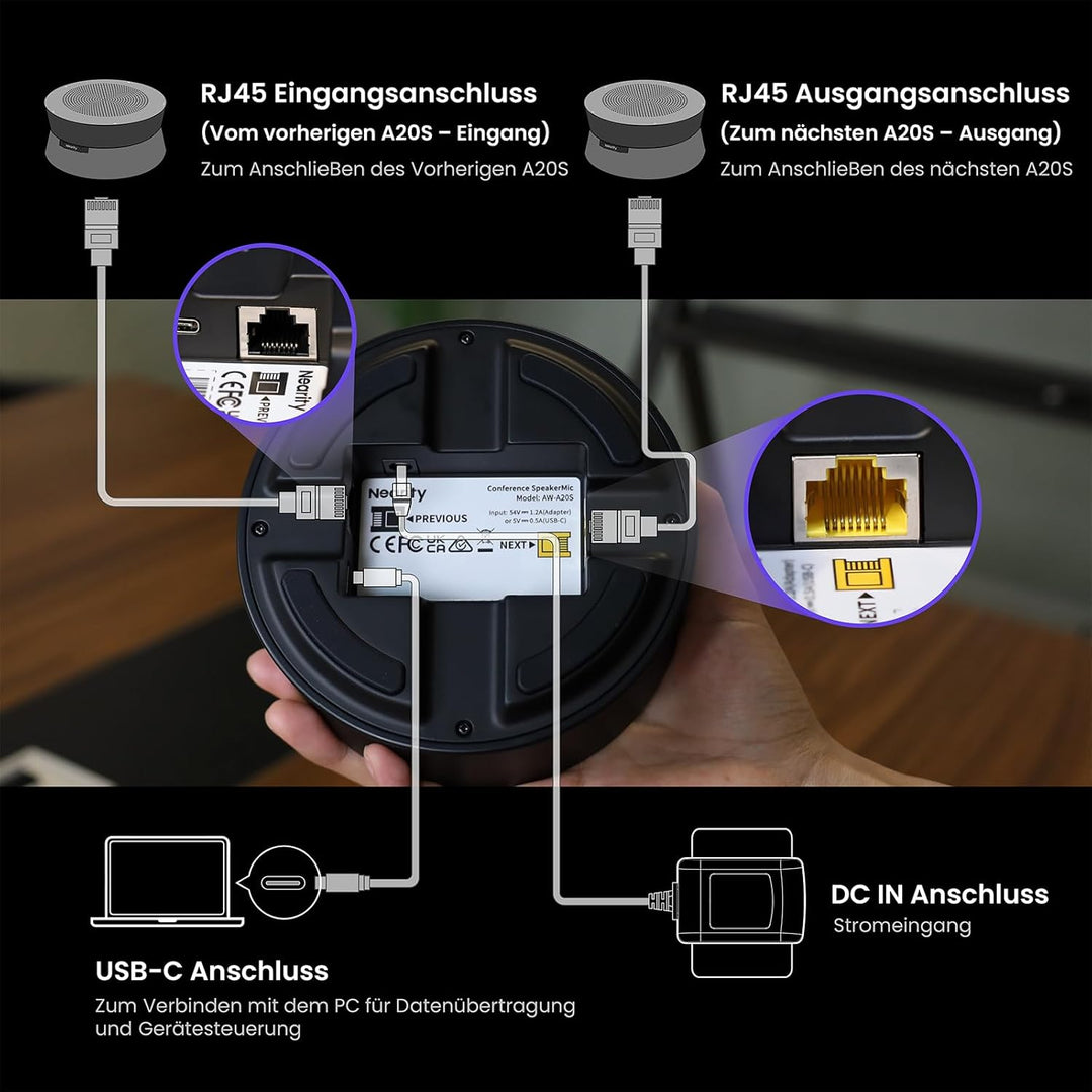 NEARITY A20S Konferenzlautsprecher und Mikrofon, USB Speakerphone mit 8 Mics 16ft Voice Pickup, AI 2