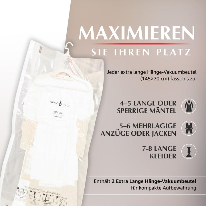 GENIE SPACE Hängende Vakuumbeutel - 2er Pack, Extra lang 145x70cm | platzsparender Garderoben Vakuum