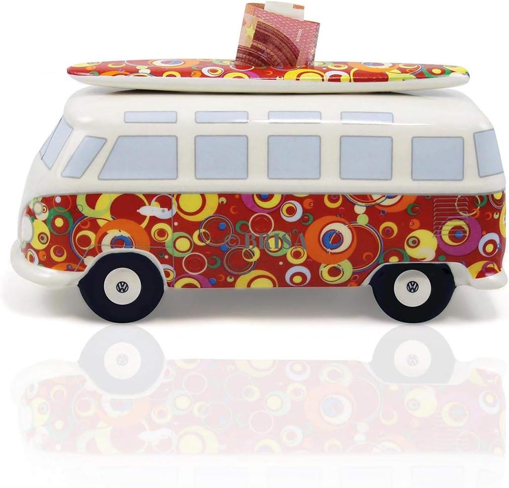 BRISA VW Collection - Volkswagen Spar-Büchse-Schwein-Dose mit Surfbrett im T1 Bulli Bus Samba Design