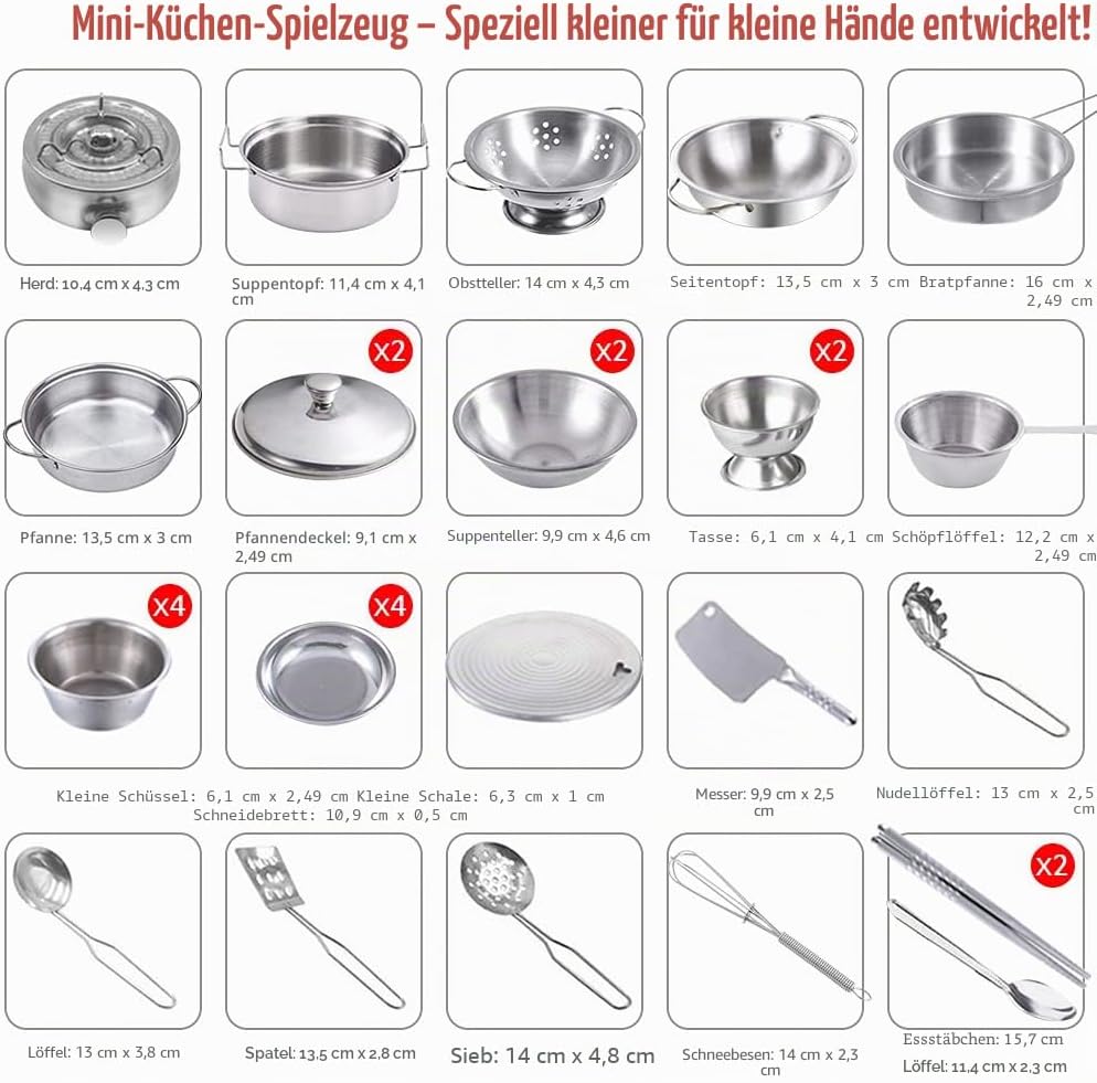Kinder Spielen Küche Zubehör mit Töpfen und Pfannen Playset, Mini-Edelstahl-Küche vorgeben Spielen S