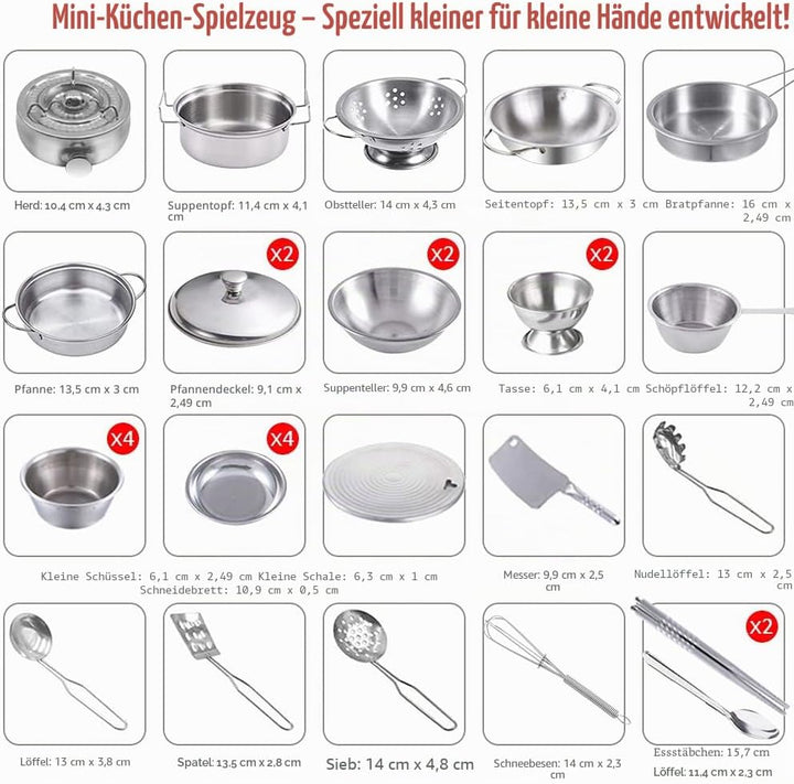 Kinder Spielen Küche Zubehör mit Töpfen und Pfannen Playset, Mini-Edelstahl-Küche vorgeben Spielen S