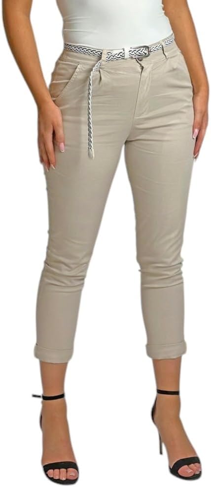 Mississhop Damen Baumwolle Klassische Chino Hose mit Gürtel L Beige, L Beige