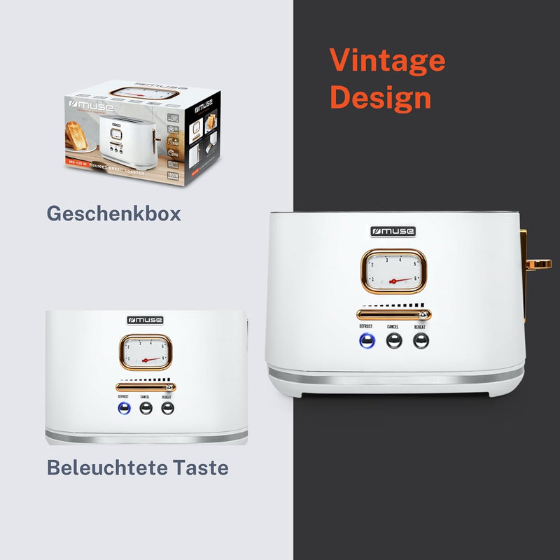 Muse Edelstahl-Toaster im weissen Retro Design, analoge Anzeige, beleuchtete Tasten, 6 Bräunungsstuf