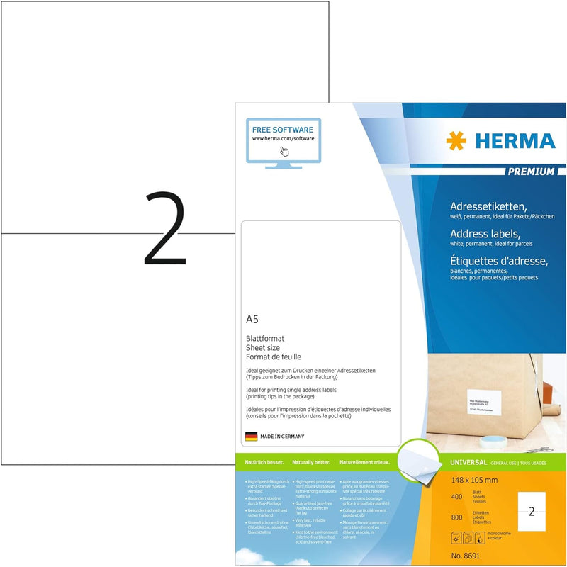 HERMA 8691 Versandetiketten, 400 Blatt, 148 x 105 mm, 2 Stück pro A5 Bogen, 800 Aufkleber, selbstkle