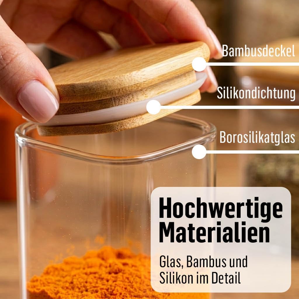 Deco haus Gewürzgläser Eckig mit Gewürzetiketten 10er Set - Gewürzdosen Set mit Holzdeckel Vorratsgl
