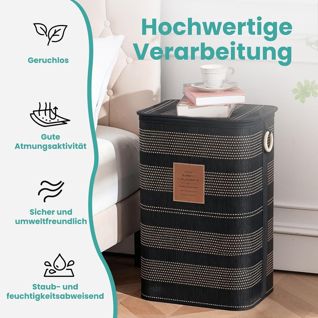 TONYBASKET 72L Bambus Wäschekorb mit Deckel, 40x30x60cm, Faltbarer Praktischer Wäschesammler, Wäsche