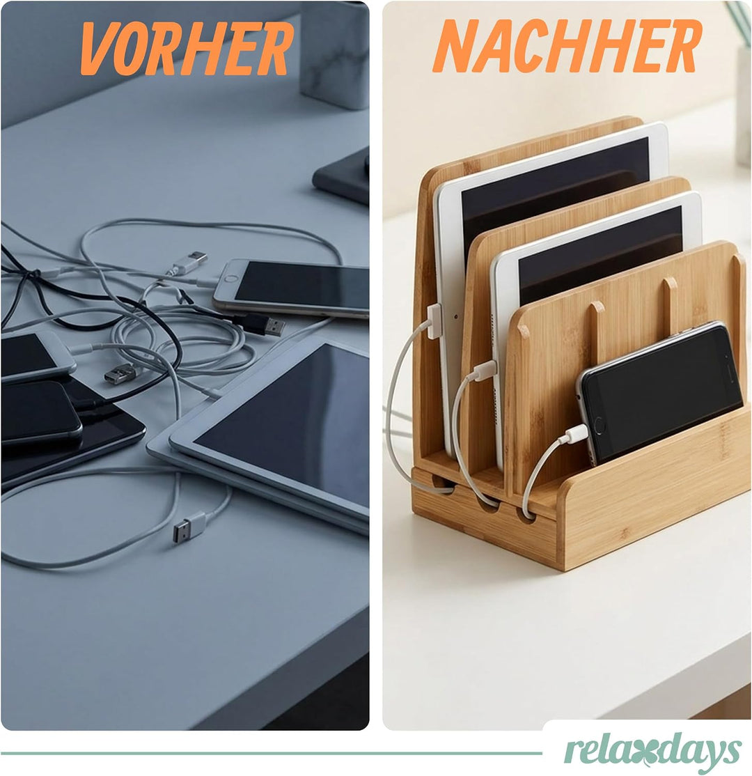 Relaxdays Ladestation Bambus, Ladestationhalter, 3 Ablagen, Smartphone, Handy, Tablets, HBT: 23 x 25