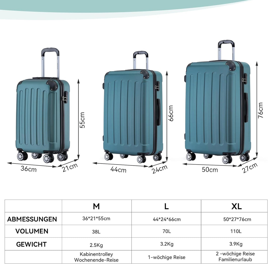 BEIBYE Hartschalen-Koffer Trolley Rollkoffer Reisekoffer Handgepäck 4 Rollen (M-L-XL-Set) (Dunkelgru