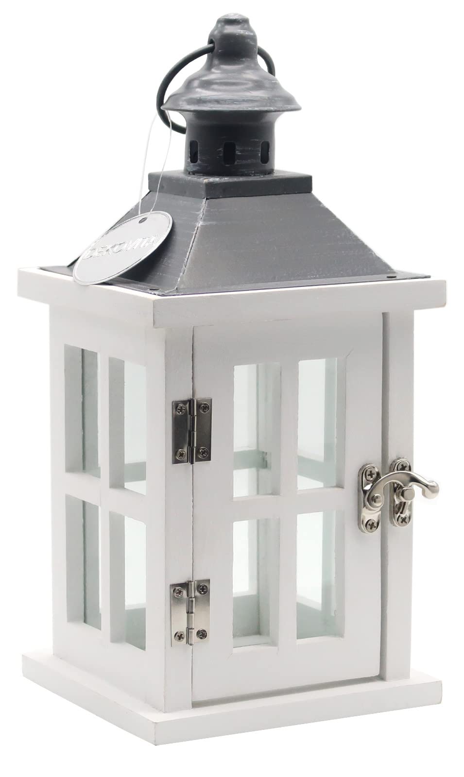 Dekovita 27cm Holz-Laterne Weiss - Gartenlaterne mit Glas-Scheiben Henkel - Windlicht Deko-Laterne N