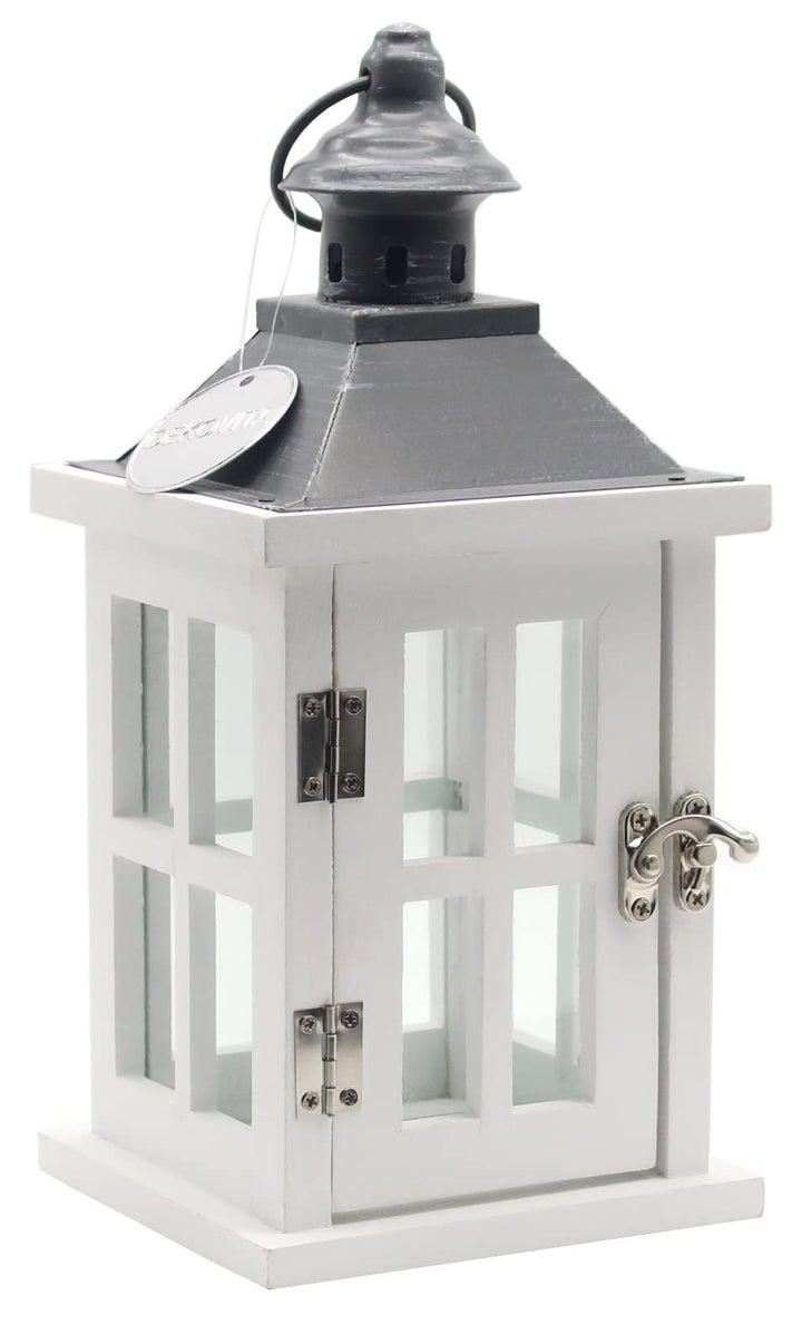 Dekovita 27cm Holz-Laterne Weiss - Gartenlaterne mit Glas-Scheiben Henkel - Windlicht Deko-Laterne N