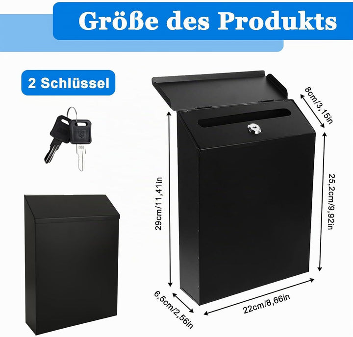 Briefkasten, 29 x 22 x 6,5 cm Abschliessbarer Briefkasten zur Wandmontage, Rustikaler Postfach aus E