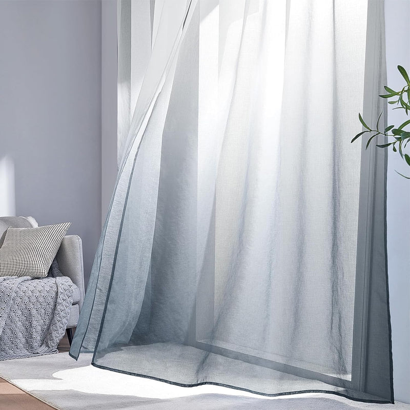 MRTREES Voile Gardinen Farbverlauf Leinenoptik Transparent Vorhang Kurz Tüllvorhang mit Ösen in Grau