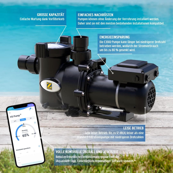 Zodiac E30 iQ 200 Pumpe mit variabler Geschwindigkeit, empfohlen für Pools bis 120 m³, hohe Energiee