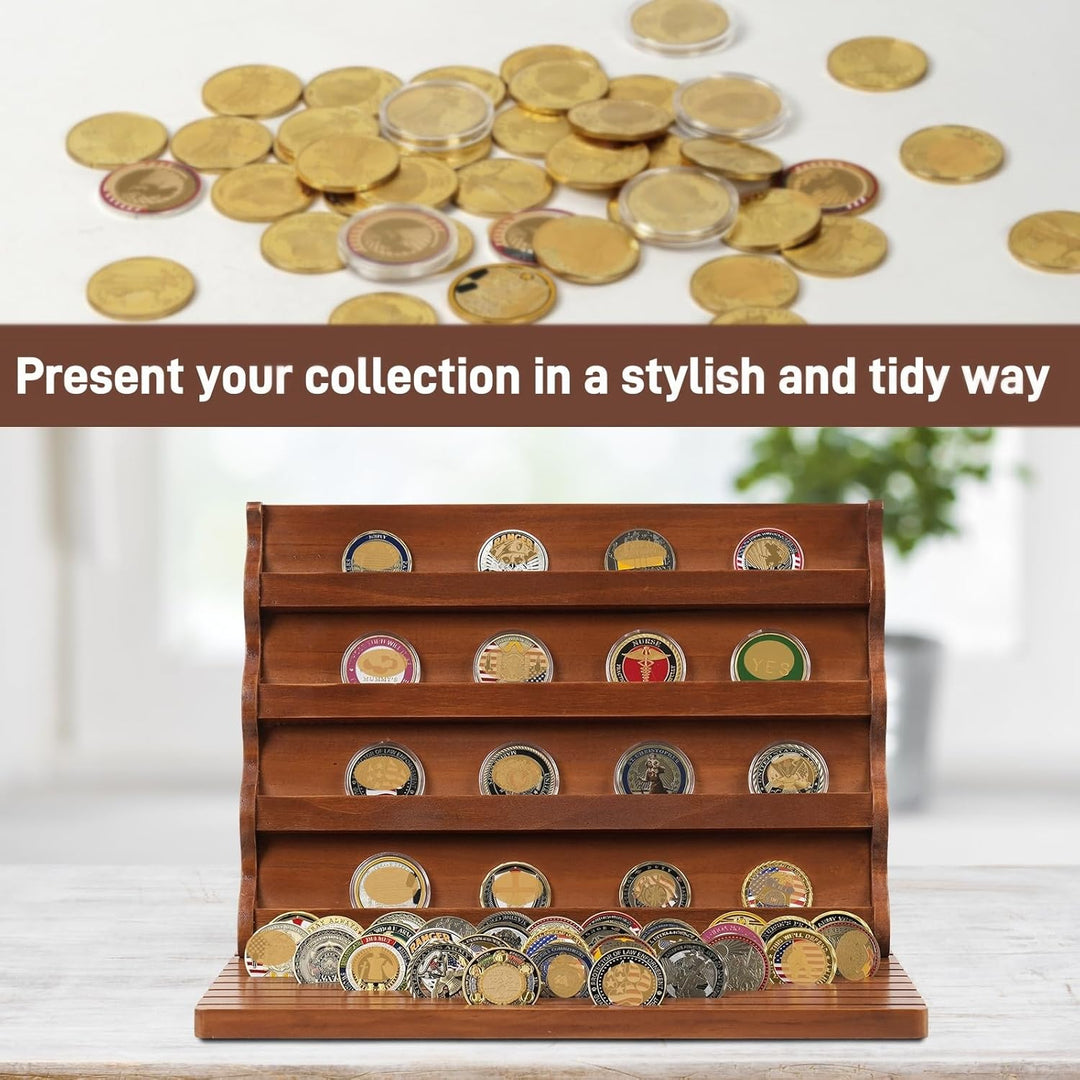 Coin Holder für 80+ Münzen, Münzständer Holz, Display Stand mit Neigung, Münzsammler Medaillenhalter