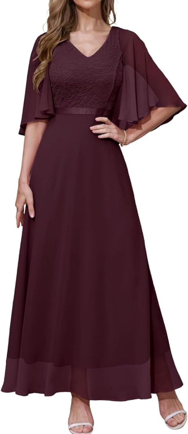 DRESSTELLS Abendkleid Damen Festlich Spitzenkleid für Hochzeit Chiffon Cape Ärmel Ballkleid Elegant